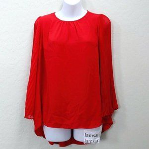 Vince Camuto Pleated Chiffon Bell Sleeve Hot Red Blouse Top PXXS Petite High Low